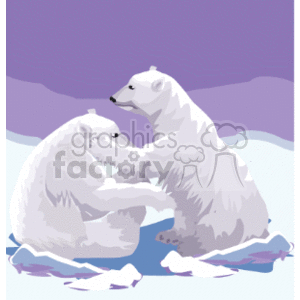 This clipart image shows two playful polar bears sitting next to each other in the snow. They appear to be play-fighting. 