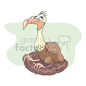 Clipart image of a cartoon vulture sitting in a nest with a green background.