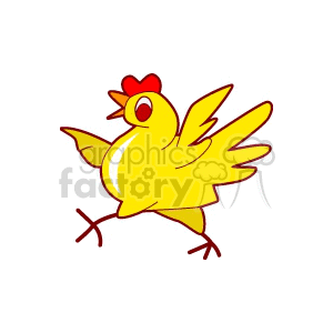 A cheerful yellow cartoon chicken with a red comb and beak, shown in a dynamic walking pose.
