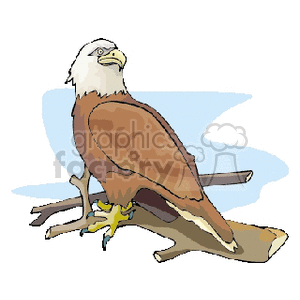 A clipart image of an eagle perched on a branch, set against a light blue background.