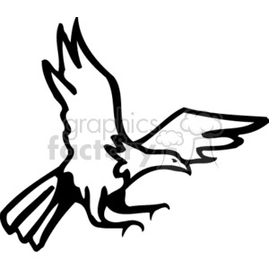 A black and white clipart image of a bird in flight with outstretched wings.