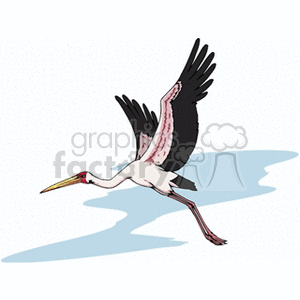 A clipart image of a stork in flight with extended wings and long legs.