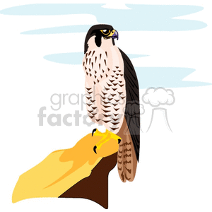 A clipart image of a peregrine falcon perched on a rock against a background of clouds.