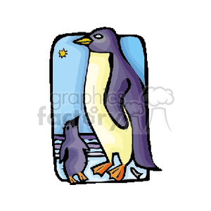 A colorful clipart image showing two penguins, one large and one small, standing on ice near the sea with a star shining in the sky.