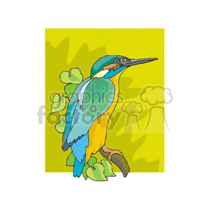Clipart image of a colorful kingfisher bird perched on a branch with green foliage in the background.