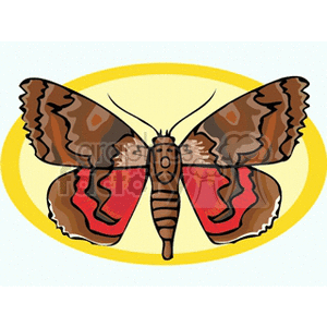 The clipart image depicts a stylized butterfly with large, patterned wings that are predominantly brown with red and cream accents. The butterfly's body is segmented, and it's centered against a yellow oval backdrop.