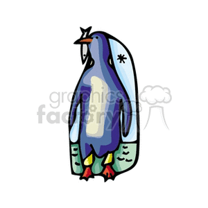 Colorful clipart image of a penguin standing with a fish in its beak.