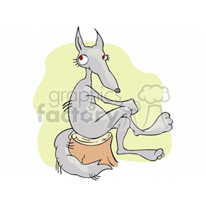 Cartoon wolf sitting on a tree stump cross legged