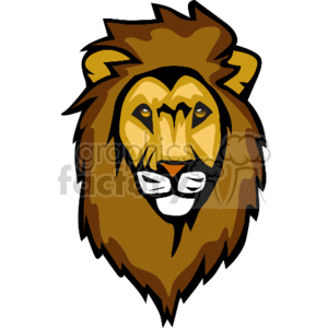 The clipart image showcases the face of a male lion with a stylized mane. The lion's facial features are simplified and cartoonish, characterized by bold outlines and areas of flat color. The imagery depicts the lion in a frontal view, focusing on its majestic and fierce expression, reflecting its status as the king of the jungle.