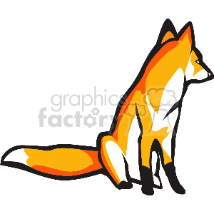 The clipart image depicts a stylized fox in an upright, seated position. The fox is primarily orange with white accents and has a bushy tail, characteristic of a fox. There are no cats, dogs, or other animals present in the image; it focuses solely on the single fox.