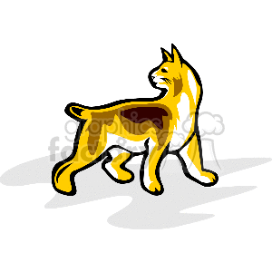 The clipart image shows a stylized depiction of a bob-tailed lynx walking. It is a simple graphic with bold lines and a limited color palette, primarily shades of yellow and brown. The lynx is represented in a profile view, with its tail up and its head turned slightly towards the viewer.