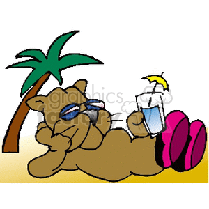 The image is a clipart that depicts a cartoon cat relaxing on a beach. The cat is lying on its side, wearing sunglasses, and holding a beverage with a slice of fruit on the rim of the glass, possibly indicating a cocktail. There's a single palm tree in the background, suggesting a tropical setting. The cat appears to be enjoying a vacation.
