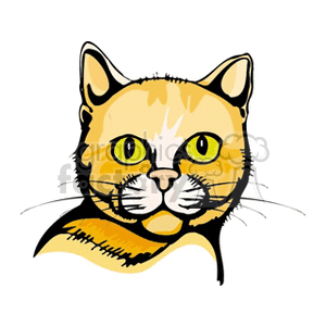 This image is a simple clipart representation of a cat's face. The cat has yellow fur with some darker accents indicating its fur texture or pattern, prominent whiskers, and striking yellow eyes.