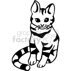 The image is a black and white clipart of a cat. The cat is depicted in a seated position with stripes on its body, a friendly expression, and distinct whiskers.