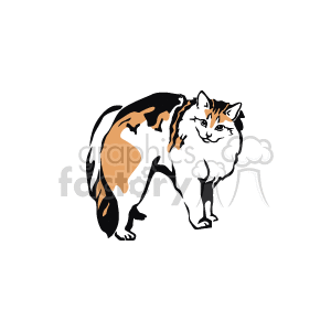 The clipart image contains a depiction of a cat, featuring distinct black and orange coloration which could suggest that the cat is a calico. The cat appears to be standing and looking towards the viewer with a typical feline posture.