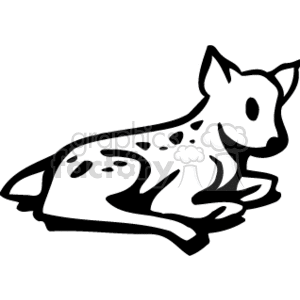 The image is a simple black and white clipart of a fawn, which is a young deer. It is depicted sitting down with spots on its back, which is characteristic of a fawn's coat.