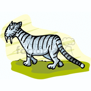 The clipart image displays a whimsical depiction of a dinosaur with tiger-like stripes. The creature is standing on what appears to be a grassy surface with a light yellow background that suggests an outdoor setting.
