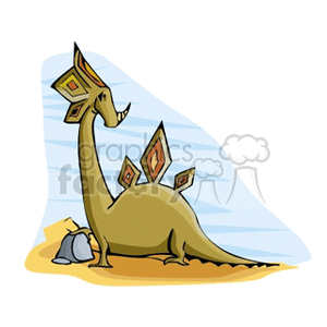 This is a cartoon image of a cheerful-looking dinosaur with a long neck, possibly resembling a sauropod. The dinosaur is olive green with yellowish diamond-shaped markings on its back and head. It's sitting on a patch of sand next to a grey rock, looking slightly upwards with a smile. The background suggests a sunny day with a blue sky and light clouds.
