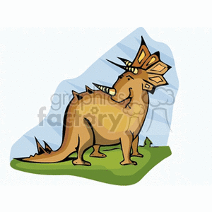 The clipart image features a cartoon-style representation of a dinosaur. It is a stylized and whimsical illustration of a dinosaur with exaggerated features such as a large head with a crest, a smiling face, and a spiky tail. The dinosaur is standing on a patch of green grass with a light blue background that may suggest the sky.