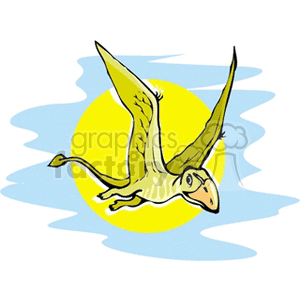 This clipart image depicts a stylized illustration of a pterodactyl, which is a type of prehistoric flying reptile associated with dinosaurs. The pterodactyl is seen in mid-flight against a backdrop of a blue sky with clouds.