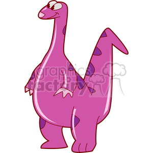   The image depicts a cartoon-style drawing of a pink dinosaur. The dinosaur has a smiling expression, a long neck, and a tail that rises above its back. It has purple spots on its body and back, and a white underbelly. It appears to be a cheerful and friendly representation, suitable for children