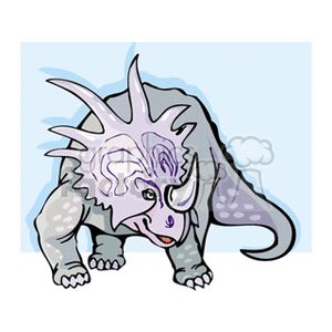 The image features a stylized cartoon of a Triceratops, which is an ancient dinosaur recognizable by its three horns and large bony frill. The Triceratops is depicted in shades of grey with purple accents.