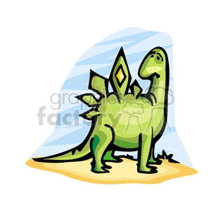   The image features a stylized cartoon of a green dinosaur in a whimsical style. It has a pleasant facial expression, standing on two legs with a row of diamond-shaped plates or spikes along its back, which is a typical characteristic of a Stegosaurus, although the illustration simplifies and exaggerates the features for a playful effect. The dinosaur is set against a background with a blue gradient, which might represent the sky, and is standing on what appears to be sandy ground. The simplicity and cheerful nature of the image suggest it might be designed for children