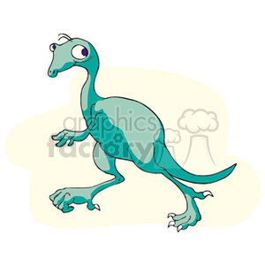 The image is a cartoon illustration of a greenish-blue dinosaur with a playful and funny design. It features a bipedal dino with a friendly face, large eyes, and exaggerated features that lend it a whimsical and non-threatening appearance.
