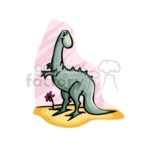 Cartoon Dinosaur Illustration on Sandy Beach with Flower