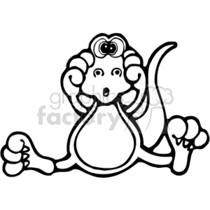 This clipart image shows a black-and-white cartoon of a small dinosaur. It has its legs spread, and its hands over its head as if it's in a shock or scared. 