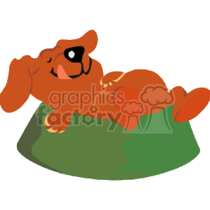   The clipart image shows a cartoon-style dog, lying in its food bowl facing upwards, with its tongue sticking out. It has brown fur, floppy ears, and black eyes and nose, with its tongue looking as if its 