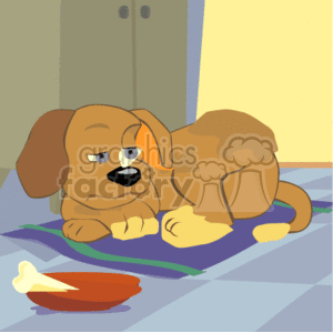 The image is a clipart showing a cartoon dog sitting on a mat. The dog has a sad, guilty, or unimpressed expression and is looking to the side. There is a red spilled bowl next to the dog and a white dog bone on the floor. The background suggests an indoor setting with a corner of a wall, a door, and the edge of what appears to be kitchen cabinets or cupboards.