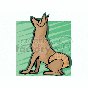 This clipart image features a stylized illustration of a German Shepherd dog sitting with its head tilted upwards, possibly howling or looking at something above. The dog is colored in shades of tan and brown, and the background consists of a simple green pattern with diagonal lines.