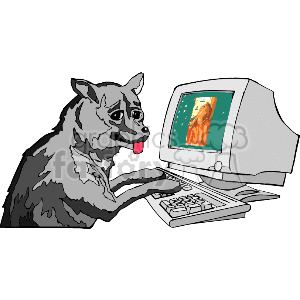   The image shows a cartoon of a dog using a desktop computer. The dog appears to be looking intently at the computer screen. The dog
