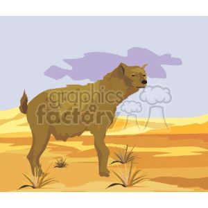 The clipart image depicts a spotted hyena standing in a desert-like environment with sparse vegetation and a purple-tinted cloud in the background. The hyena is the main subject, and the scene likely represents an arid African landscape.