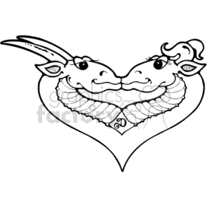 The clipart image shows two black and white country-style dragons heads kissing each other, and forming a heart shape
