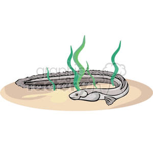 The image is a simple clipart that depicts an eel on the sandy bottom of what appears to be an aquatic environment with several strands of green seaweed or algae.