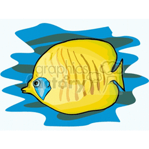 The image illustrates a brightly colored tropical fish. The fish has a yellow body with vertical striping and a prominent eye. It is shown against a background of blue water-like brush strokes.