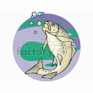 The clipart image features a cartoon fish underwater with bubbles rising around it. The fish is drawn in a style that emphasizes its scales and fins. It appears to be in motion, possibly swimming upwards.