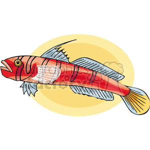 The clipart image displays a stylized, colorful tropical fish. The fish has prominent fins and tail, a distinct red coloration with white and black markings, and a cartoonish expression.