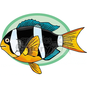This clipart image features a colorful tropical fish. It has a distinct pattern of black, white, and yellow across its body, with a prominent dorsal fin and a yellow tail fin.