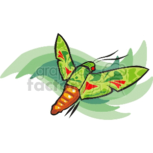 An artistic clipart illustration of a green and orange insect, resembling a hummingbird moth, with intricate patterns on its wings, set against a green swoosh background.