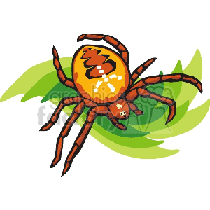 The clipart image features a cartoon representation of a spider resting on a green leaf. The spider is characterized by a stylized design with a bright orange body marked by simple patterns and eight extended legs.