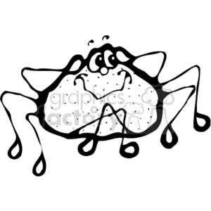 The image is a simple black and white line art drawing of a country-style spider. It has a funny and silly expression, and appears to be a caricature rather than a realistic depiction of a spider. The spider has a large, rounded body with spots, and it's making a goofy face with raised eyebrows and a smile. Its legs are stylized with droplet-like shapes at the ends.