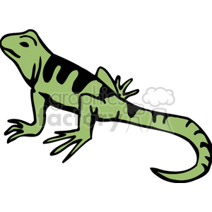 The image is a simple clipart of a green lizard with darker green markings. It depicts the lizard in profile with its four legs visible and a long tail extended behind.