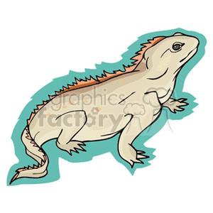 This clipart image features a cartoon representation of a lizard, most likely an iguana, given its robust body, prominent spines along its back, and elongated fingers. The iguana is depicted in profile, with the head turned slightly toward the viewer. The image has a light blue outline that suggests a background or shadow.