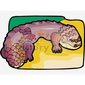 This clipart image features a stylized illustration of a lizard with a patterned skin lying on a surface that appears to be segmented into different colors, possibly depicting its natural environment.