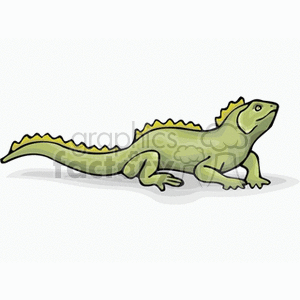The clipart image depicts a cartoon illustration of a green iguana. The iguana is shown in profile with a crest of spines running down its back and a long tail that is striped with a darker green. It looks calm and is placed against a plain, light background.