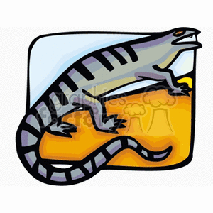 This clipart image shows a stylized cartoon lizard with a patterned back and a yellow underbelly, resting on a rock or warm surface.