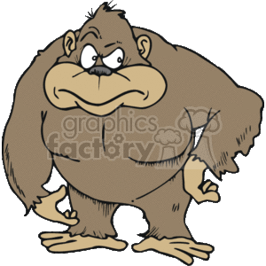This is a clipart image of a cartoon gorilla. It has a grumpy or angry expression on its face, with furrowed brows and a frown. The gorilla has a bulky body, standing on its hind legs, with its arms hanging down on the sides. The coloring is primarily brown with some highlights and shadows to give the impression of fur and muscle tone. The image conveys the emotions of being mad or upset through the exaggerated facial expression of the gorilla character.